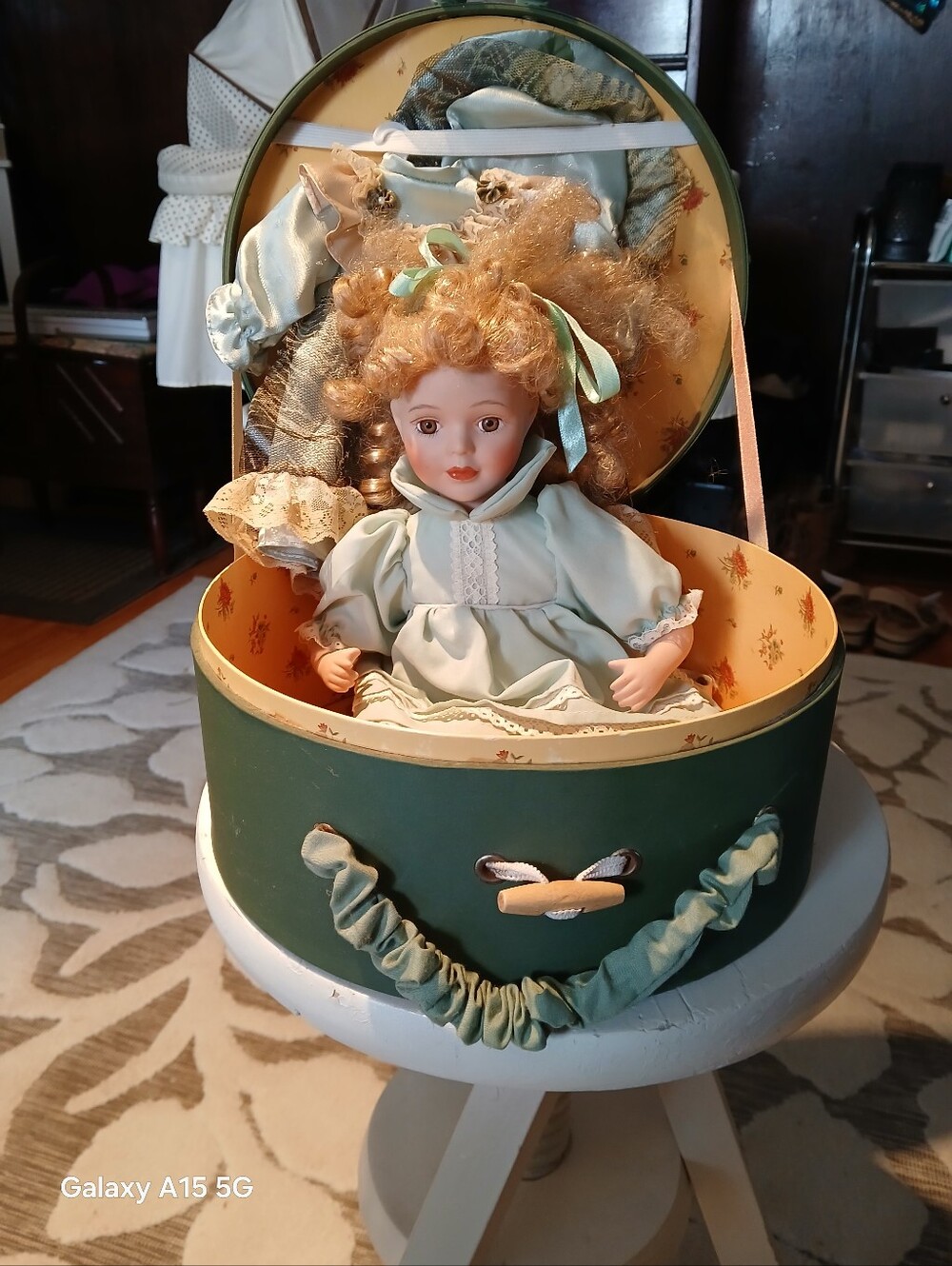 She Is A Vintage Cracker Barrel Porcelain Doll In A Hatbox